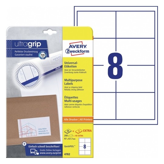 Avery Multipurpose Labels in A4 Sheet With Ultragrip,97 X 67.7 Mm,  200 + 40 Extra Labels Per 30 Pages - White