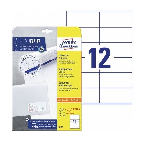 Avery Multipurpose Labels in A4 Sheet With Ultragrip, W 105mm X H 48mm,  300 + 60 Extra Labels Per 30 Pages - White