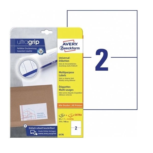 Avery Multipurpose Labels in A4 Sheet With Ultragrip, W 210mm X H 148mm, 50 + 10 Extra Labels Per 30 Pages - White