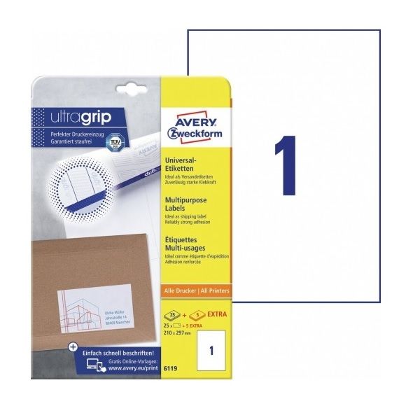 Avery Multipurpose Labels in A4 Sheet With Ultragrip, W 210mm X H 297mm, 25 + 5 Extra Labels Per 30 Pages - White
