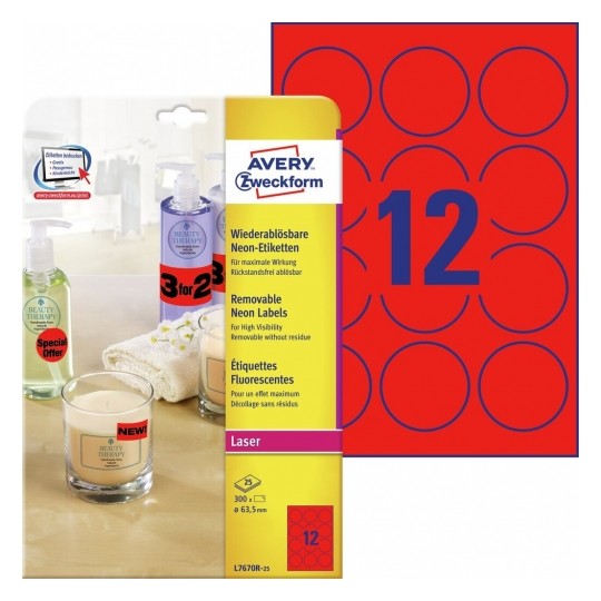 Avery Round Neon Red Labels, 300 Labels Per 25 Pages - L7670R-25