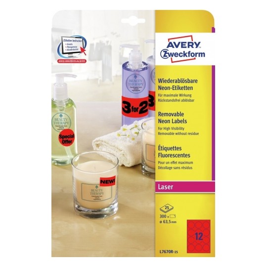 Avery Round Neon Red Labels, 300 Labels Per 25 Pages - L7670R-25