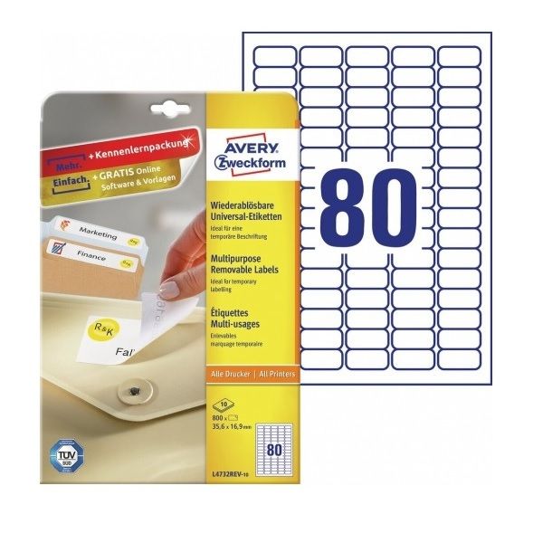 Avery Multipurpose Removable Labels in A4 Sheet, W 35.6mm x H 16.9mm, 800 Labels - 10 Pages - White