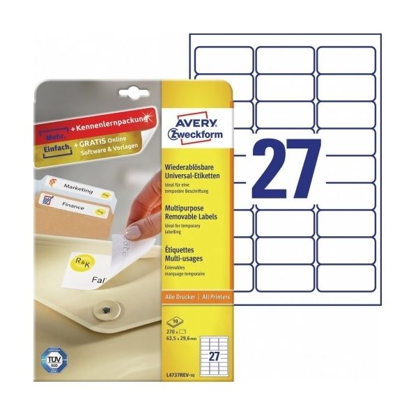 Avery Multipurpose Removable Labels in A4 Sheet, W 63.5mm x H 29.6mm, 270 Labels - 10 Pages - White