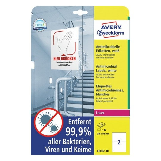 Avery Printable Film Labels with Antimicrobial in A4 Format, 20 Labels - 10 Pages - White - L8002-10