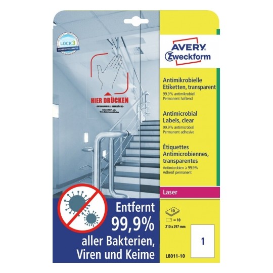 Avery Printable Film Labels with Antimicrobial in A4 Format, 10 Labels - 10 Pages - Clear - L8011-10