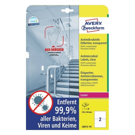 Avery Printable Film Labels with Antimicrobial in A4 Format, 20 Labels - 10 Pages - Clear - L8012-10