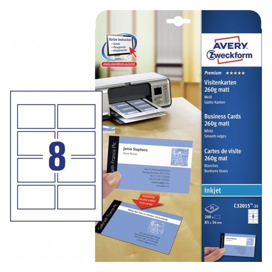 Avery Business Cards, Matt White 200 Labels - 25 Pages - C32015-25