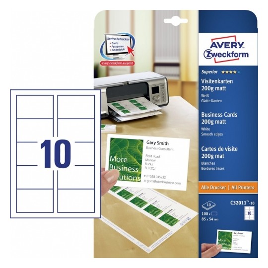 Avery Business Cards, Matt White 100 Labels - 10 Pages - C32011-10