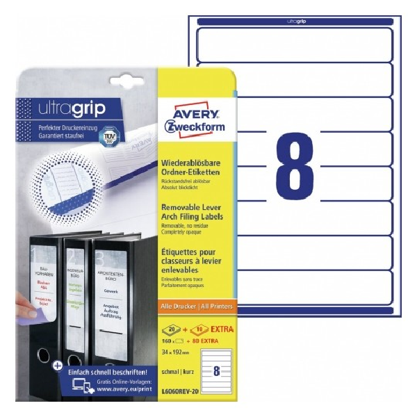 Avery Filing Labels in A4 Sheet, 34 x 192 (W x H mm), 160 + 80 Extra Labels - 30 Pages - White