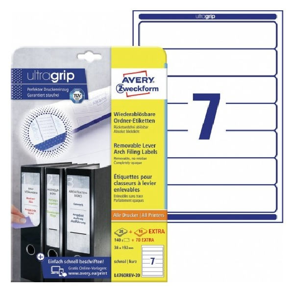 Avery Filing Labels in A4 Sheet, 38 x 192 (W x H mm) ,140 + 70 Extra Labels - 30 Pages - White