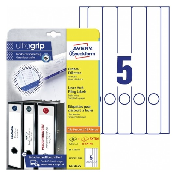 Avery Filing Labels in A4 Sheet, 38 x 297 (W x H mm), 150 Labels - 30 Pages - White