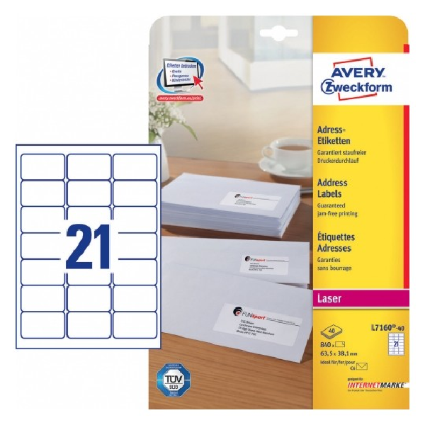 Avery Address Labels in A4 Sheet,63.5 X 38.1 (W X H Mm),  840 Labels - 40 Pages - White