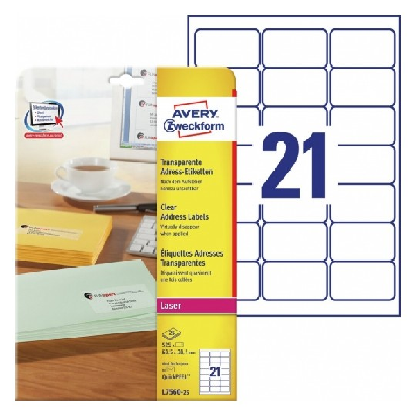 Avery Address Labels in A4 Sheet,63.5 X 38.1 (W X H Mm), 525 Labels - 25 Pages - Polyester Transparent