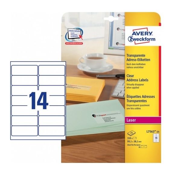 Avery Address Labels in A4 Sheet,99.1 X 38.1 (W X H Mm), 350 Labels - 25 Pages - Polyester Transparent