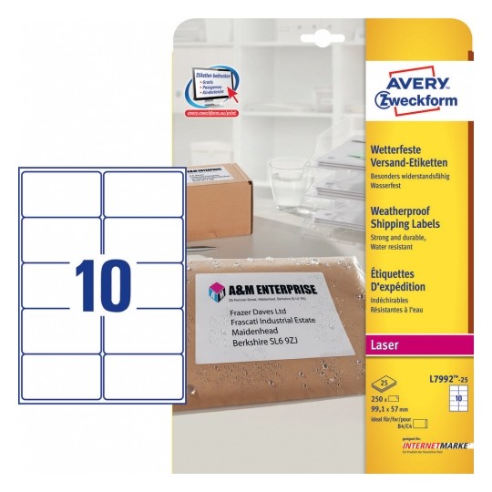 Avery waterproof Shipping Labels for B4/C4 Envelopes, 99.1 X 57 (W X H Mm), 250 Labels/ Pack - White