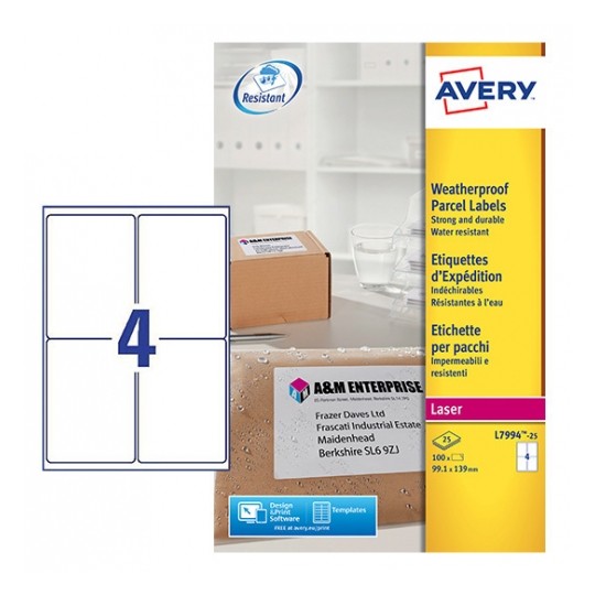 Avery Waterproof Shipping Labels for Parcels and Packages, 99.1 X 139 (W X H Mm), 100 Labels/ Pack - White