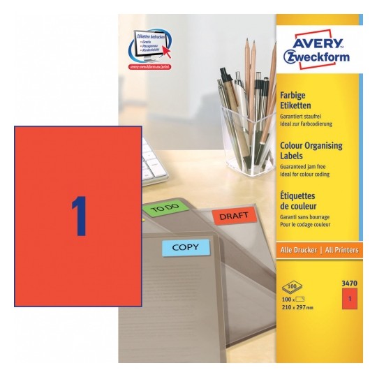Avery Coloured Labels In A4 Sheet, 100 Labels - 100 Pages, Red