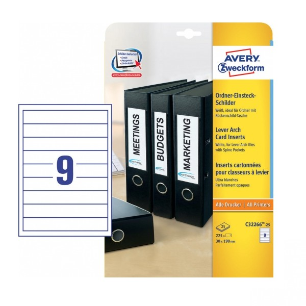 Avery Lever Arch Filing Inserts in A4 Sheet,30 x 190 (W x H mm), 225 Labels - 25 Pages
