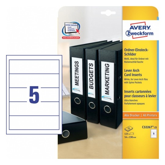 Avery Lever Arch Filing Inserts in A4 Sheet,54 x 190 mm, 125 Labels Per 25 Pages