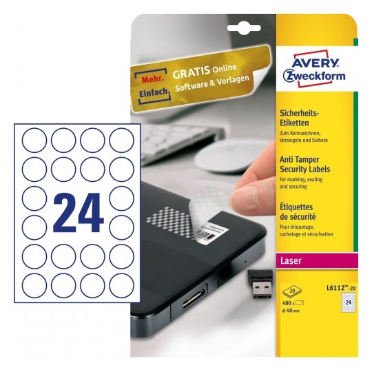 Avery Tamper Proof Labels, 480 Labels - 20 Pages