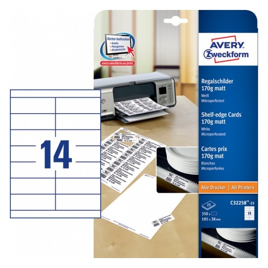 Avery 350 Shelf- Edge Cards, White Matt 170g,