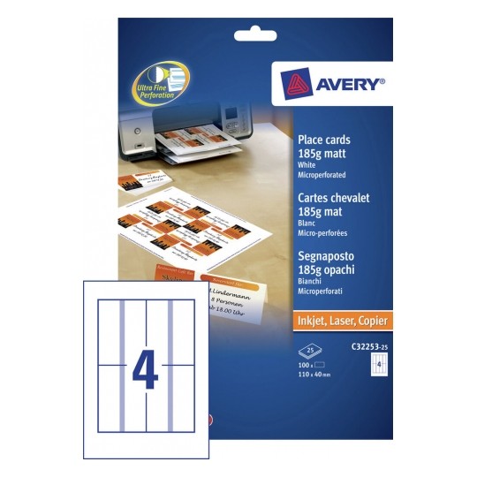 Avery 100 Place Cards - White Matt 185g