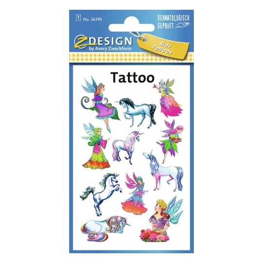 Avery Temporary Kids Tattoo, 11 Fairies/Unicorns Tattoos Per 1 Page