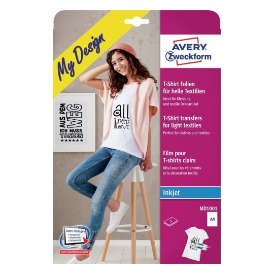 Avery 5 Machine Washable (30˚c) T-shirt Transfers for Light Fabrics, A4 Size
