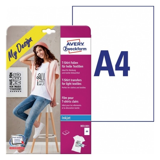 Avery 5 Machine Washable (30˚c) T-shirt Transfers for Light Fabrics, A4 Size