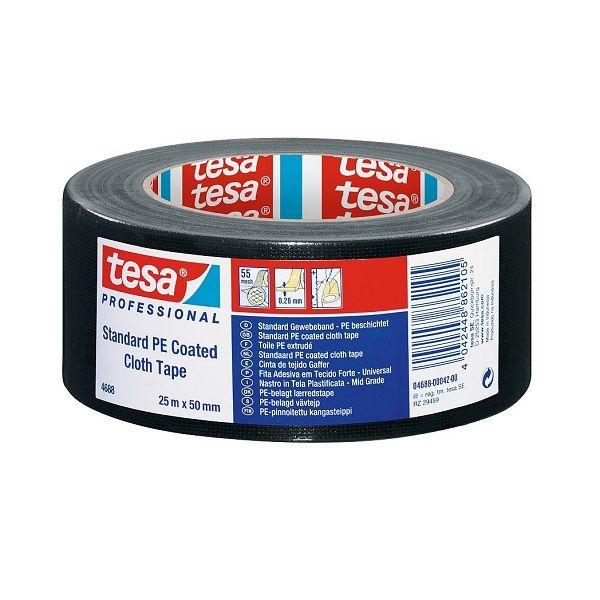 Tesa Standard Polyethylene Coated Cloth tape, 25m x 50mm - Black