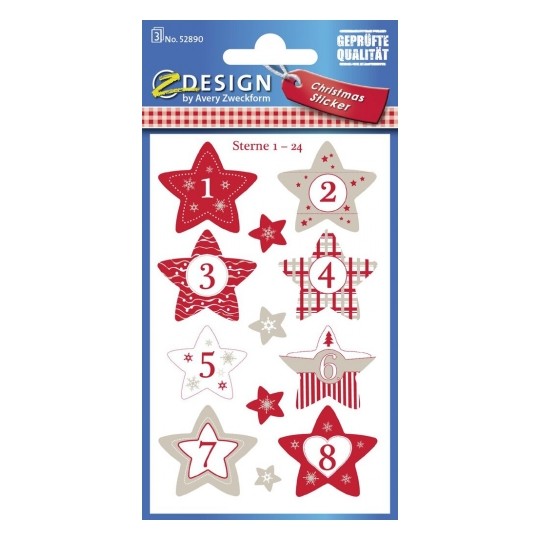 Avery Numbers From 1-24 in Festive Star Design, 24 Sticker / 3 Page