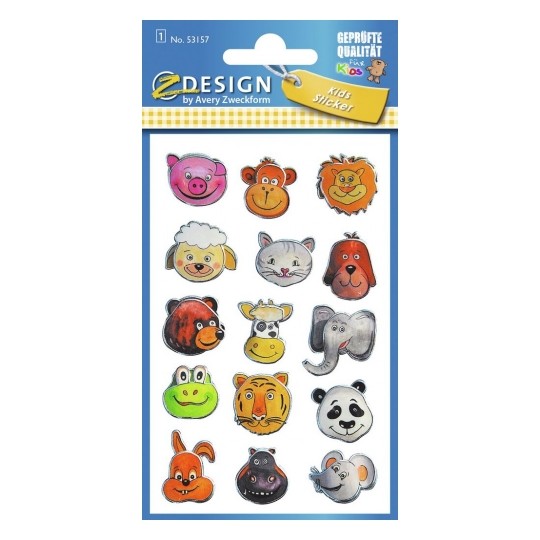 Avery 3D Stickers for Kids, Animal Heads - 15 Sticker - 1 Page
