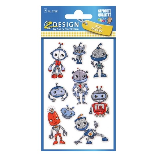 Avery Glitter Stickers Robots, 9 Sticker - 1 Page