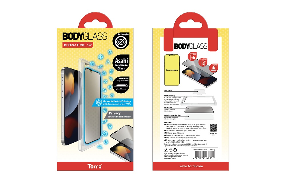 Torri Bodyglass Screen Protector, Anti-bacterial Coating - for iPhone 13 Pro Max (6.7”) - Privacy