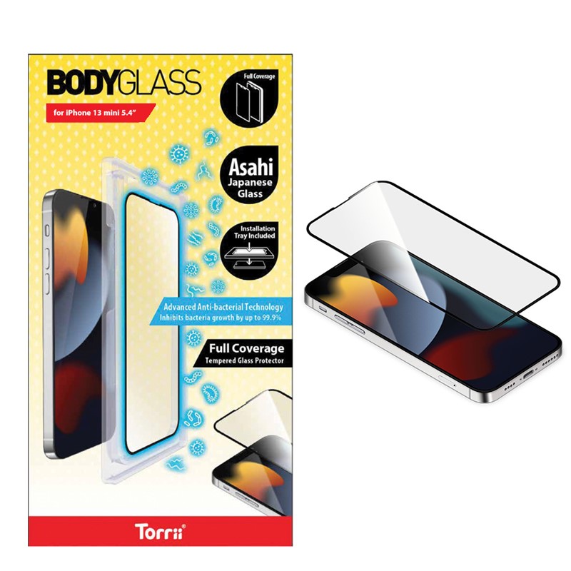 Torri Bodyglass Screen Protector for iPhone 13/13 Pro (6.1”) Anti-bacterial Coating - Full Coverage Curved - Black