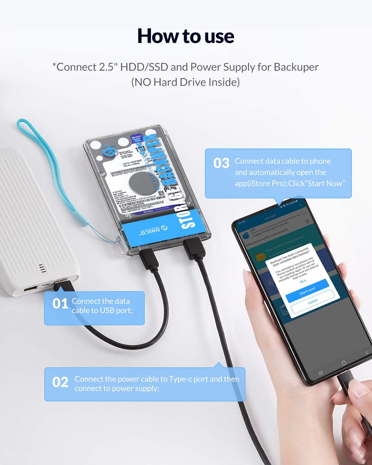 Orico Backuper New Backup for Phone Support Up to 4TB Capacity 5Gbps Speed SATA TO USB C Port One-touch Backup