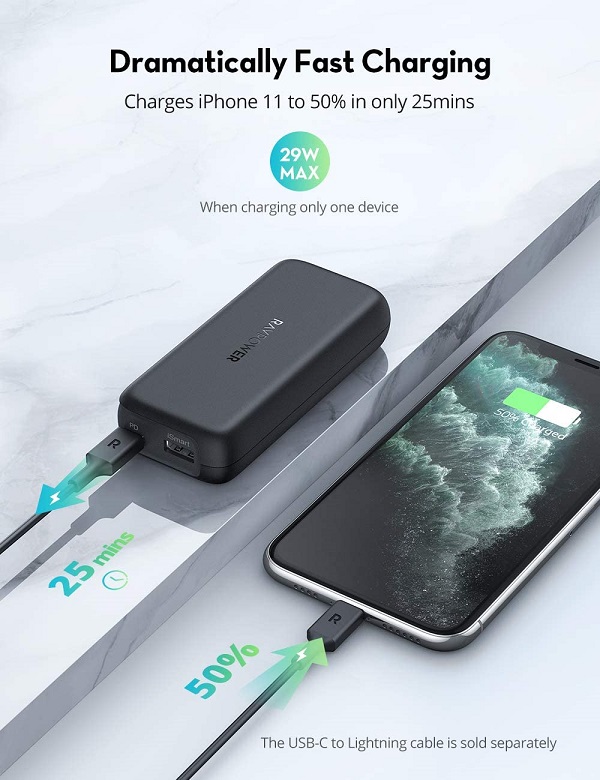 RAVPower 10000mAh Power Bank 20W USB-C Portable Charger – Black