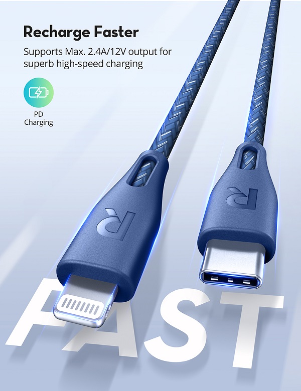 RAVPower RP-CB1017, Type-C to Lightning Cable, 1.2m, Nylon - Blue