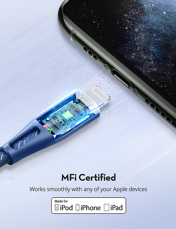 RAVPower RP-CB1017, Type-C to Lightning Cable, 1.2m, Nylon - Blue