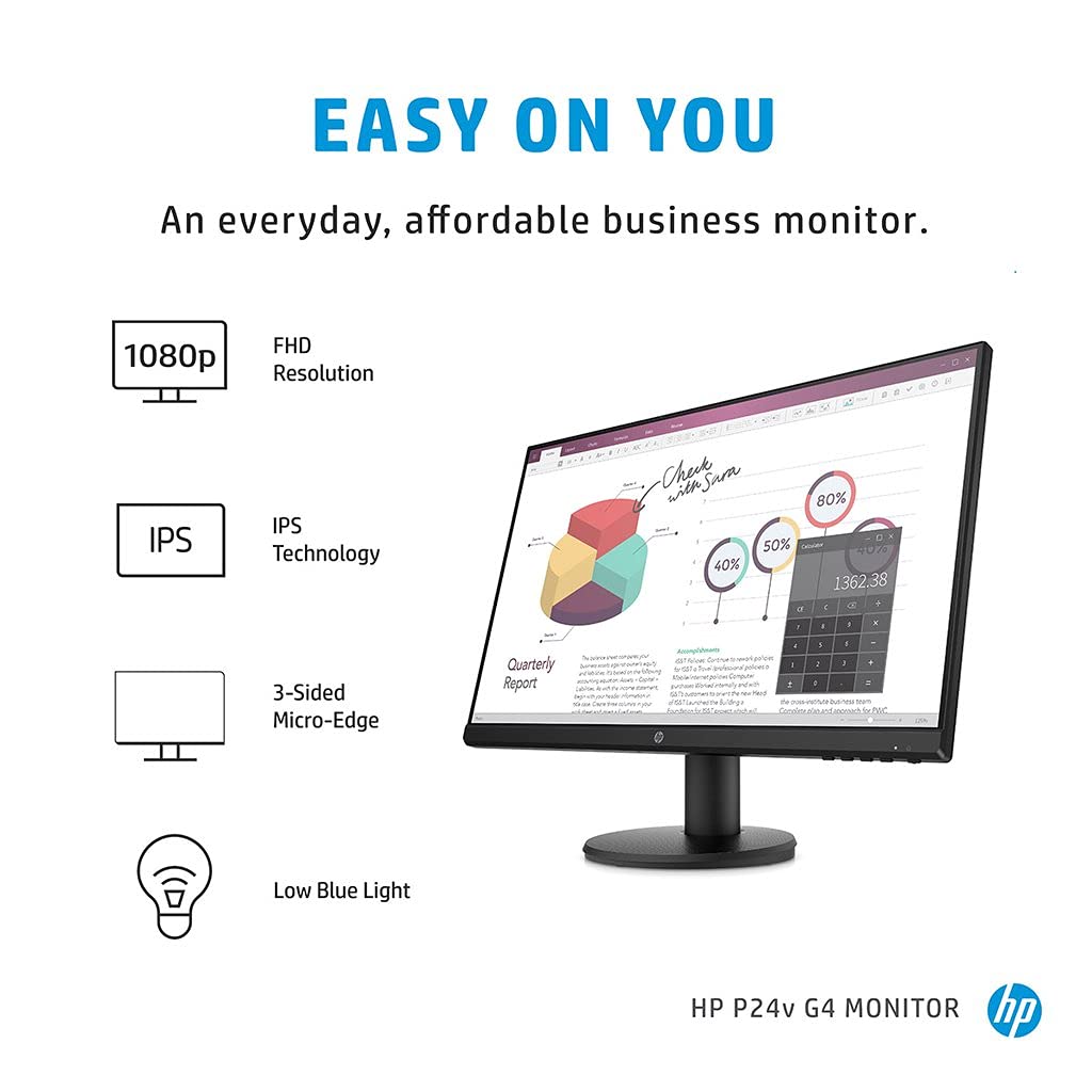 HP P24v 24-Inch G4 Monitor FHD (1920 x 1080) IPS Display Monitor 5ms 75hz with VGA HDMI Border Less Low Blue Light Mode VESA Mounting - Black