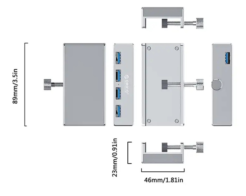 Orico 4 Port USB3.0 Clip-Type Hub Aluminium