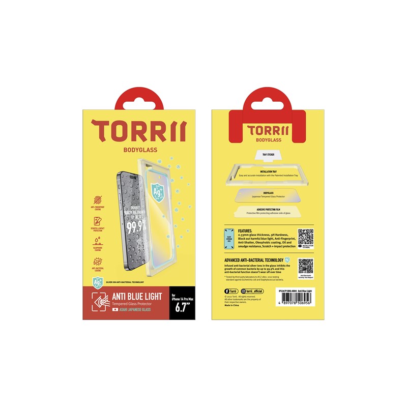 Torrii Bodyglass Screen Protector Anti-Bacterial Coating For iPhone 14 Pro Max (6.7) – Anti Blue Light Clear
