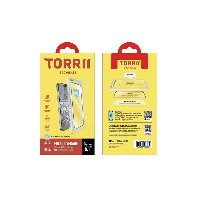 Torrii Bodyglass Screen Protector Anti-Bacterial Coating For iPhone 14 Pro (6.1) – Full Coverage Black