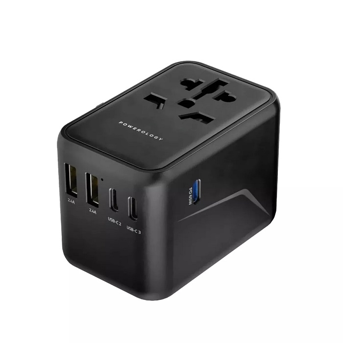 Powerology Universal Multi-Port Travel Adapter PD 65W ( 3X Type-C / 2X USB-A Ports ) - Black
