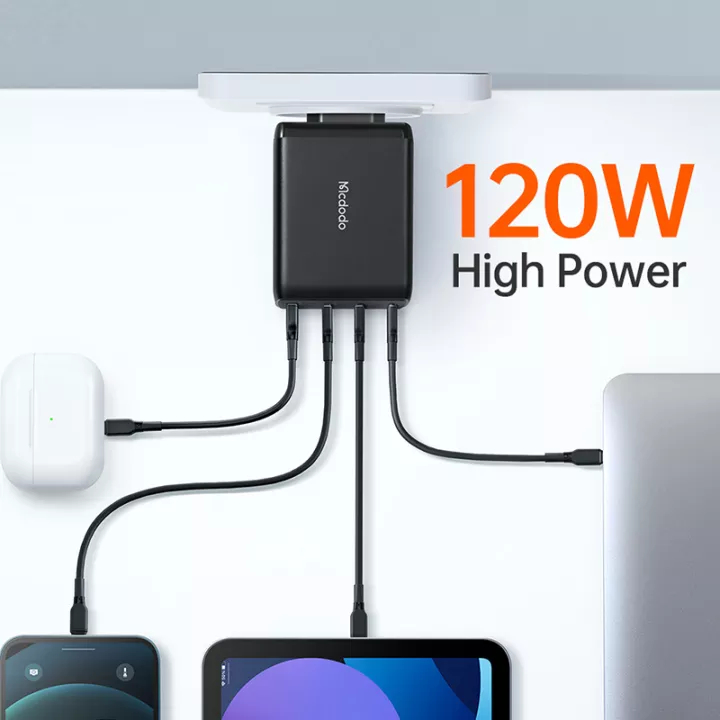 Mcdodo GaN 120w High Power 4 Ports Fast Charging Phone Charger With Cable – Black