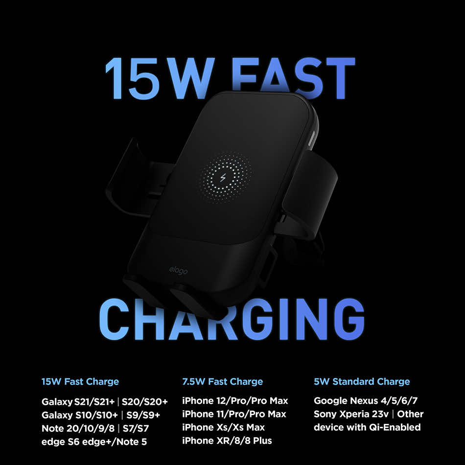 Elago Wireless Car Fast Charger with Auto-Clamping Car Mount (Included: Car Automatic Charger, Dashboard Mount, Air Vent Clip, USB-C Charging Cable)