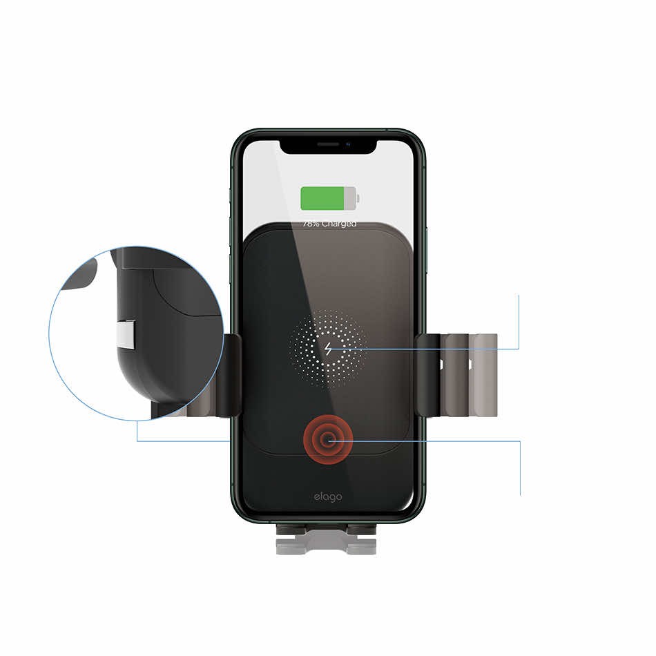 Elago Wireless Car Fast Charger with Auto-Clamping Car Mount (Included: Car Automatic Charger, Dashboard Mount, Air Vent Clip, USB-C Charging Cable)