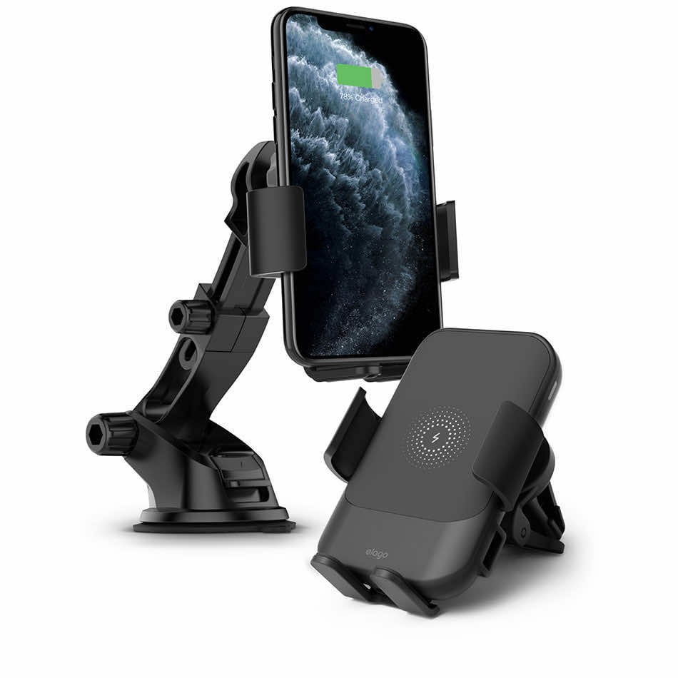 Elago Wireless Car Fast Charger with Auto-Clamping Car Mount (Included: Car Automatic Charger, Dashboard Mount, Air Vent Clip, USB-C Charging Cable)