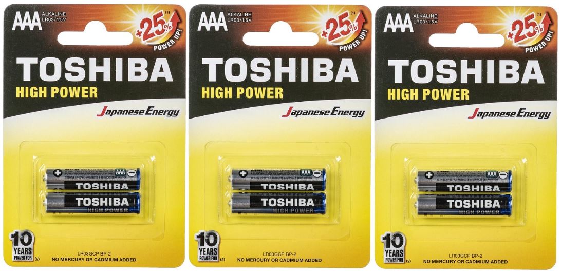 Toshiba Size AAA High Power Alkaline Batteries, LR03GCP-BP-2CN Pack of 3 PCs (3x2)